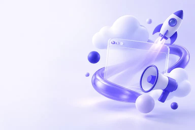 adloop 3D 일러스트: 브라우저 창, 구름, 루프 리본, 로켓, 메가폰